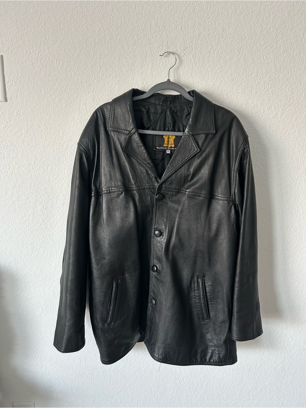 Vintage 90s Black Real Leather Car Coat Jacket Button Up Size 56 US XL XXL